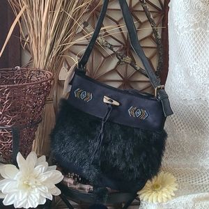 NWOT BO HO BEADED BLACK SUEDE FAUX FUR HANDBAG